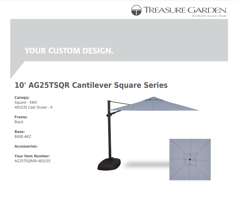 Treasure Garden AG25 Cantilever 10' Square - Sunbrella Fabric - Commercial Grade
