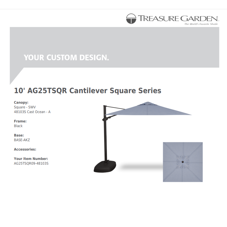 Treasure Garden AG25 Cantilever 10' Square - Sunbrella Fabric - Commercial Grade