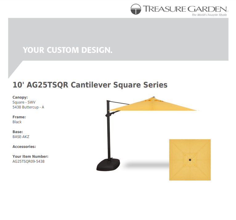 Treasure Garden AG25 Cantilever 10' Square - Sunbrella Fabric - Commercial Grade