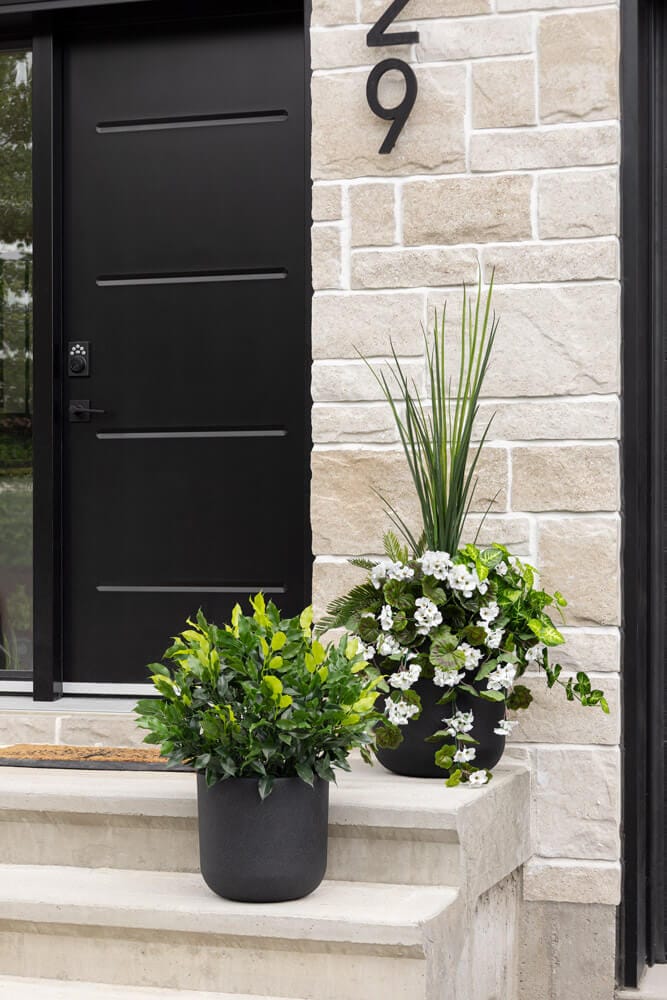 Outdoor Flower Arrangement in Rounded Black Pot
