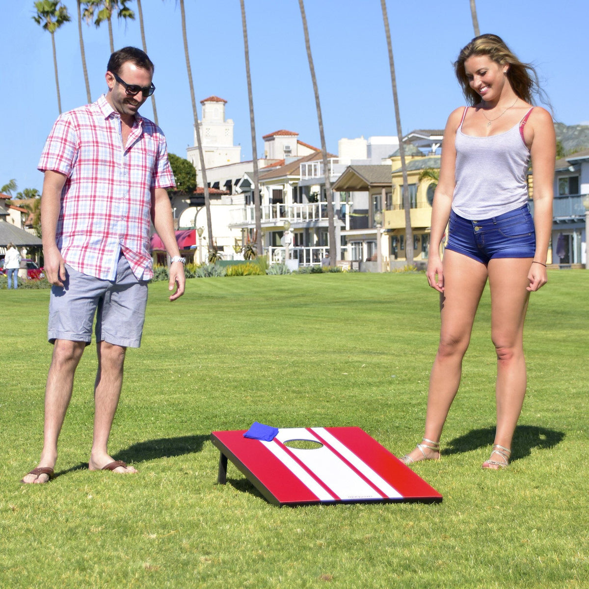 GoSports classic cornhole set in use