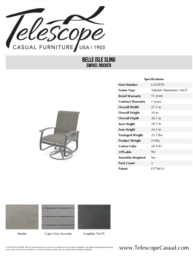 Belle Isle Sling Swivel Rocker - Graphite Cape Grey