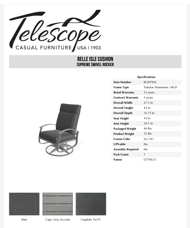 Belle Isle Cushion Supreme Rocker - Graphite Cape Grey