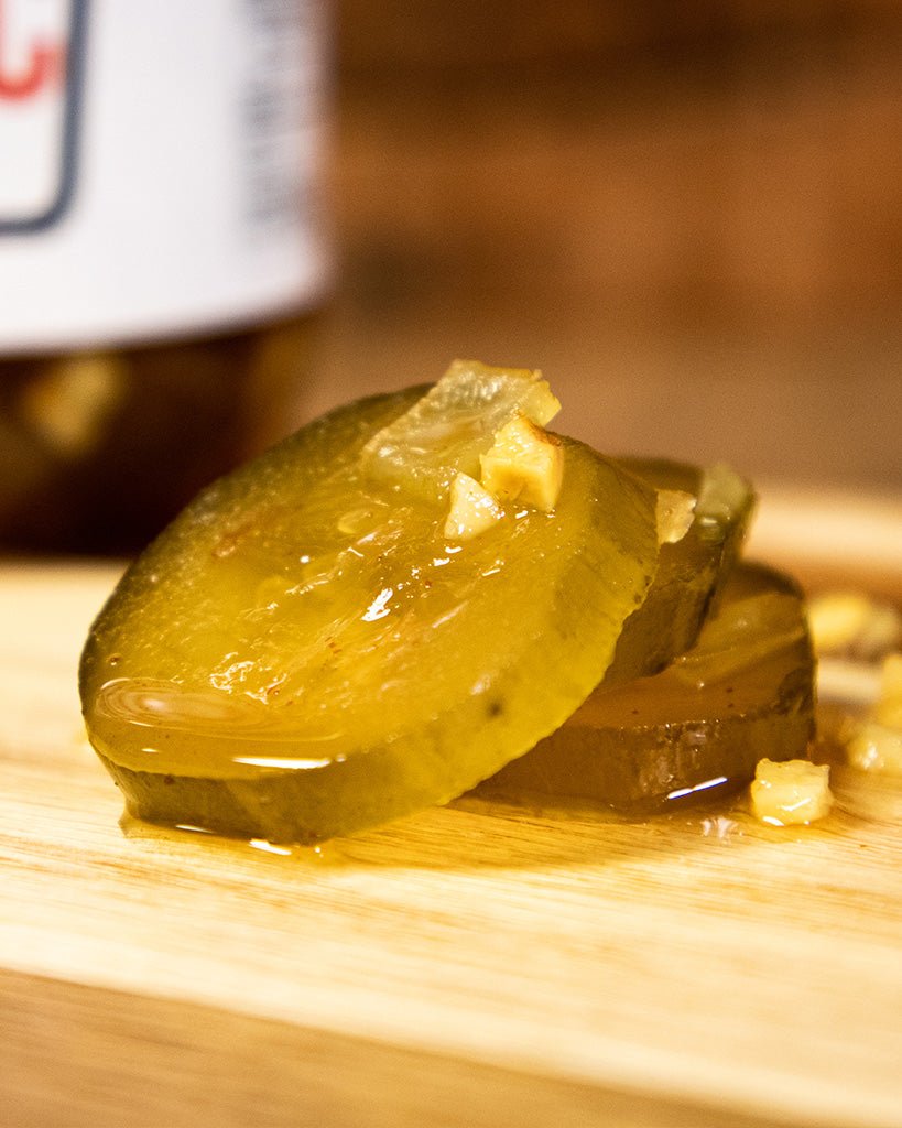 Killer Hogs Spicy Sweet Garlic Pickles served