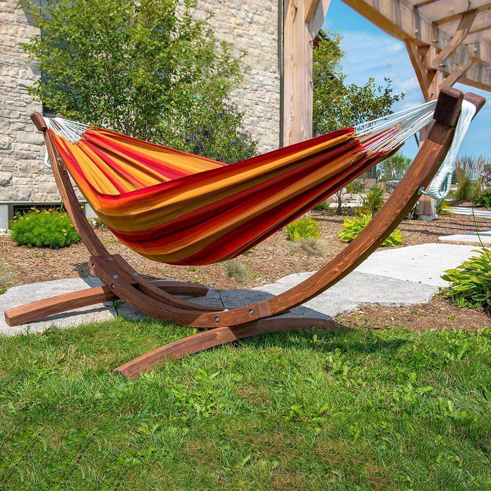 Vivere Hammocks Sunset Double Sunbrella® Hammock with Solid Pine Arc Stand (8ft)  (FSC Certified)